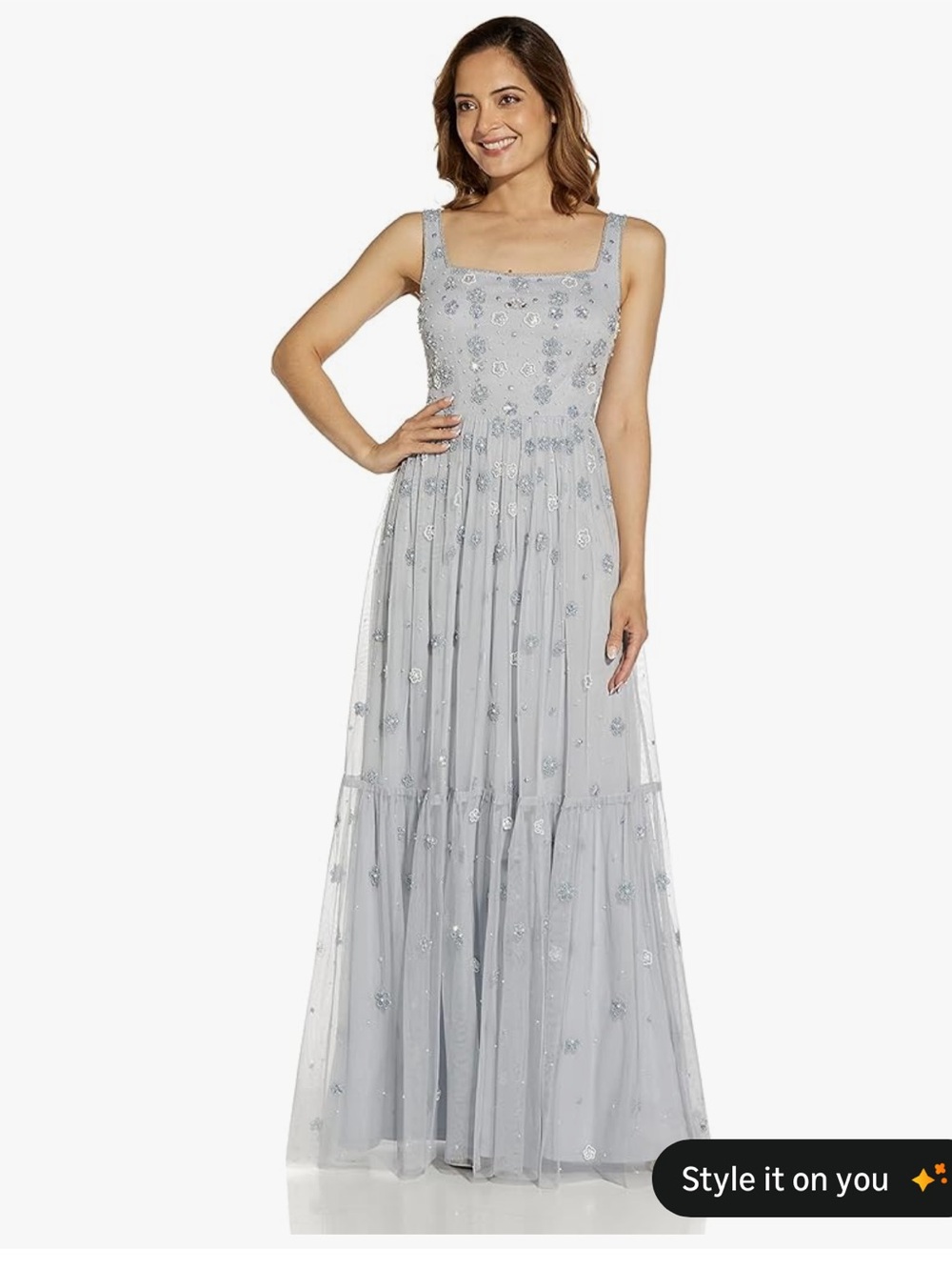 Adrianna Papell Silver-Gray Beaded Maxi Dress